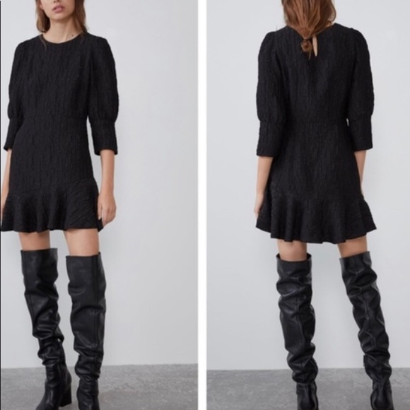 Zara Mini Dress Black A-Line Ruffle 3/4 Sleeve NWT - Picture 2 of 6